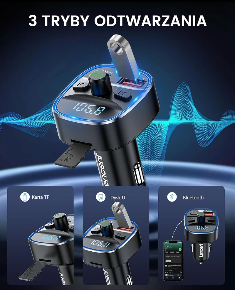 LENCENT automobilinis Bluetooth 5.4 FM siųstuvas su laisvų rankų įranga ir 48 W įkrovimu T25M