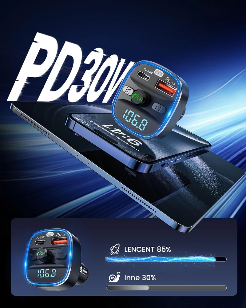 LENCENT automobilinis Bluetooth 5.4 FM siųstuvas su laisvų rankų įranga ir 48 W įkrovimu T25M