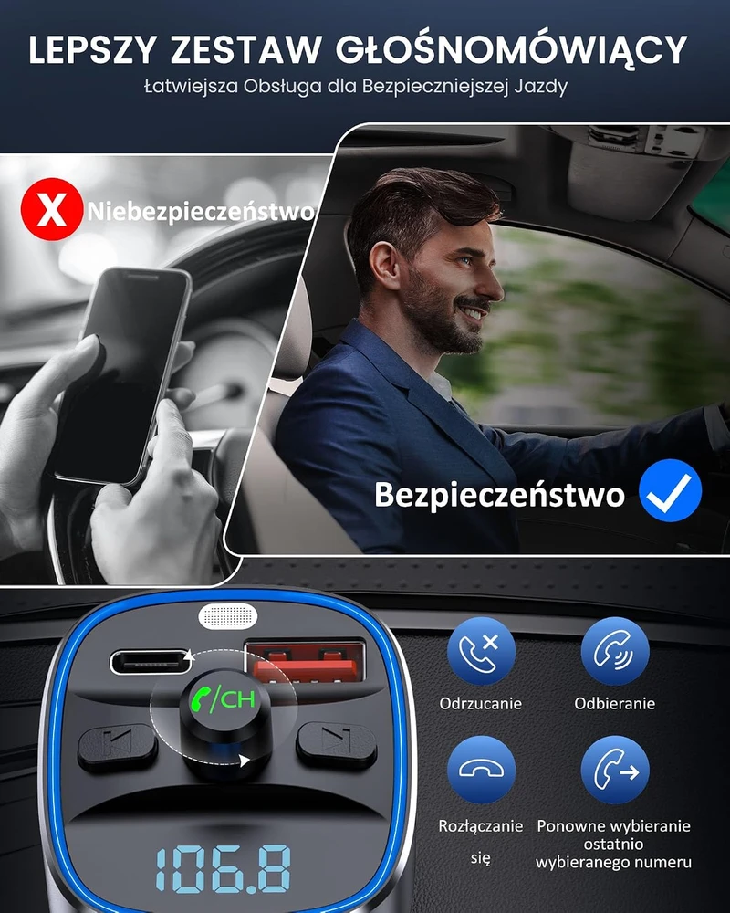 LENCENT automobilinis Bluetooth 5.4 FM siųstuvas su laisvų rankų įranga ir 48 W įkrovimu T25M