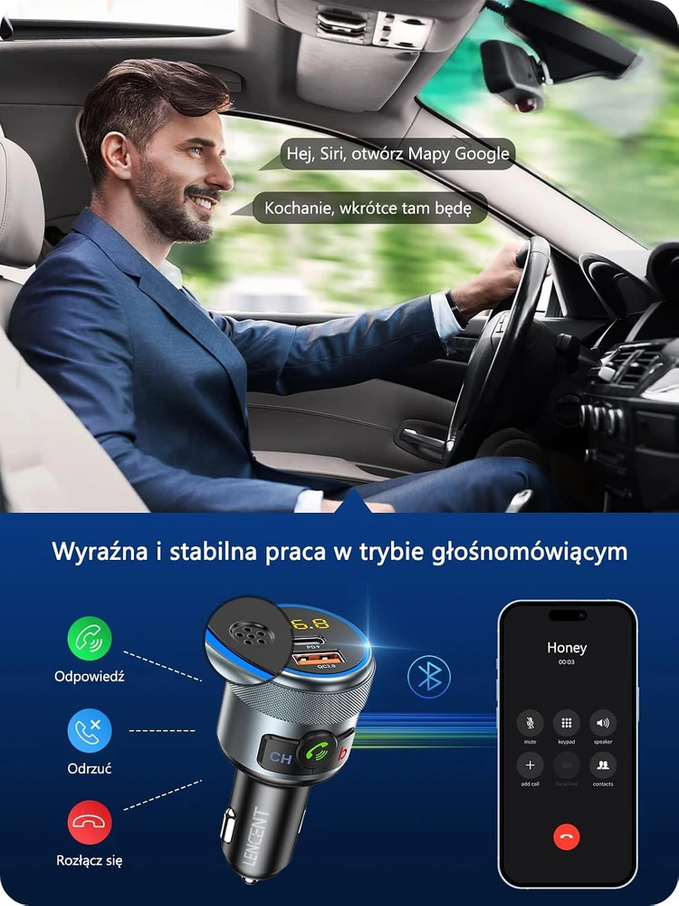 LENCENT automobilinis Bluetooth FM siųstuvas su PD 20 W ir QC 18 W įkrovimu