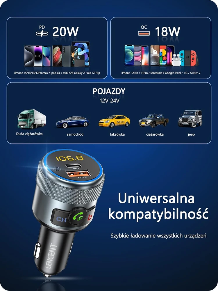 LENCENT automobilinis Bluetooth FM siųstuvas su PD 20 W ir QC 18 W įkrovimu