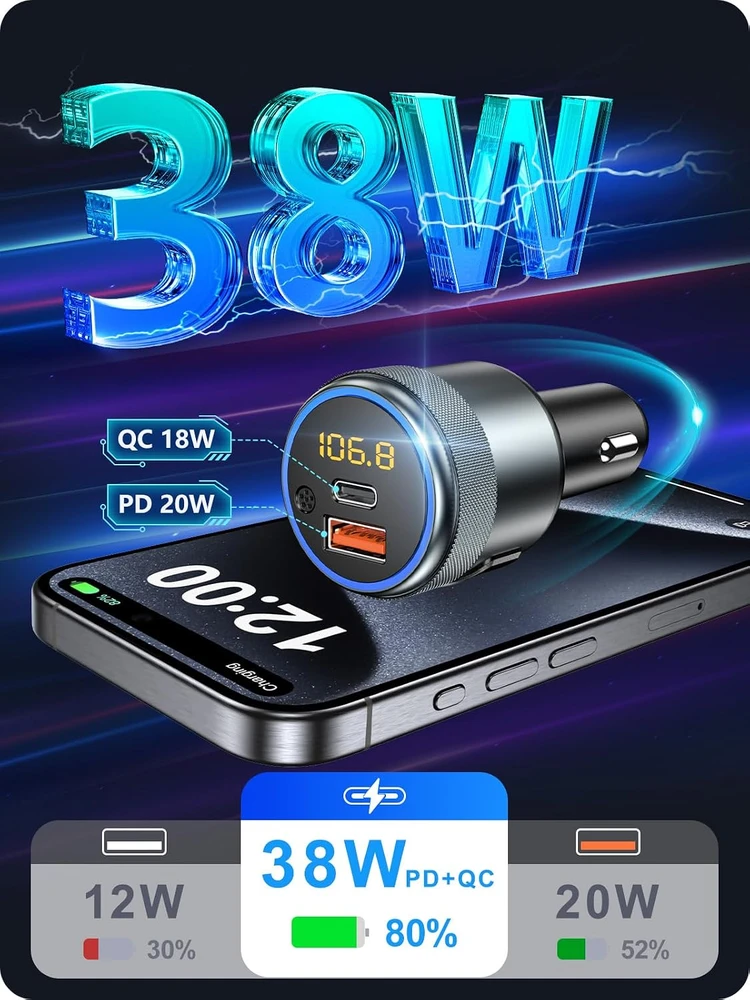 LENCENT automobilinis Bluetooth FM siųstuvas su PD 20 W ir QC 18 W įkrovimu