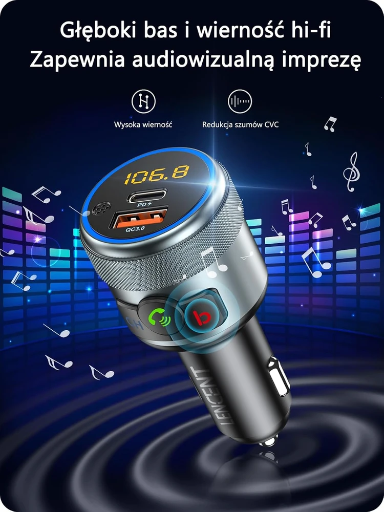 LENCENT automobilinis Bluetooth FM siųstuvas su PD 20 W ir QC 18 W įkrovimu