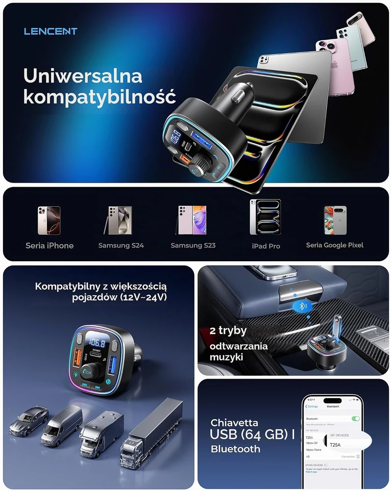 LENCENT automobilinis FM siųstuvas Bluetooth 5.4 su PD 36 W ir QC 18 W įkrovimu T25A