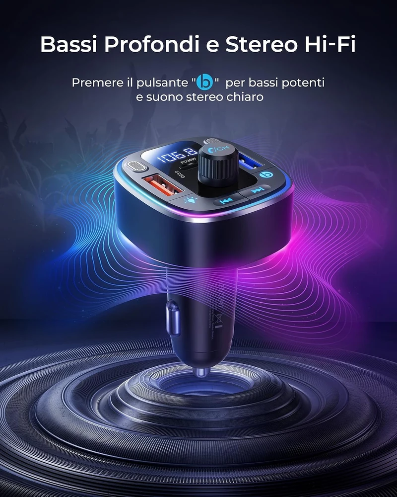 LENCENT automobilinis FM siųstuvas Bluetooth 5.4 su PD 36 W ir QC 18 W įkrovimu T25A