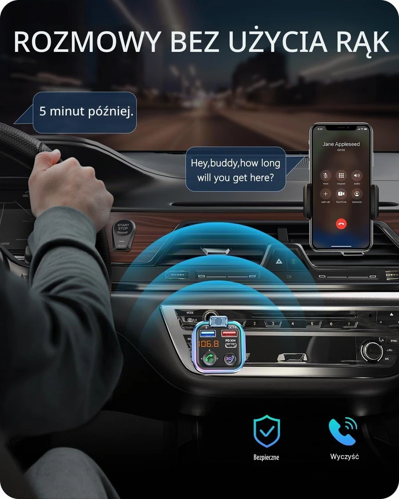 LENCENT automobilinis FM siųstuvas Bluetooth 5.3 su PD 30 W ir QC 18 W