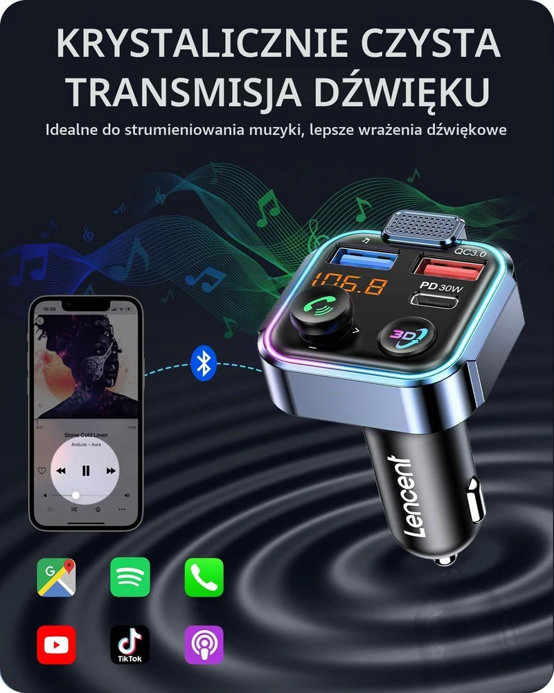 LENCENT automobilinis FM siųstuvas Bluetooth 5.3 su PD 30 W ir QC 18 W