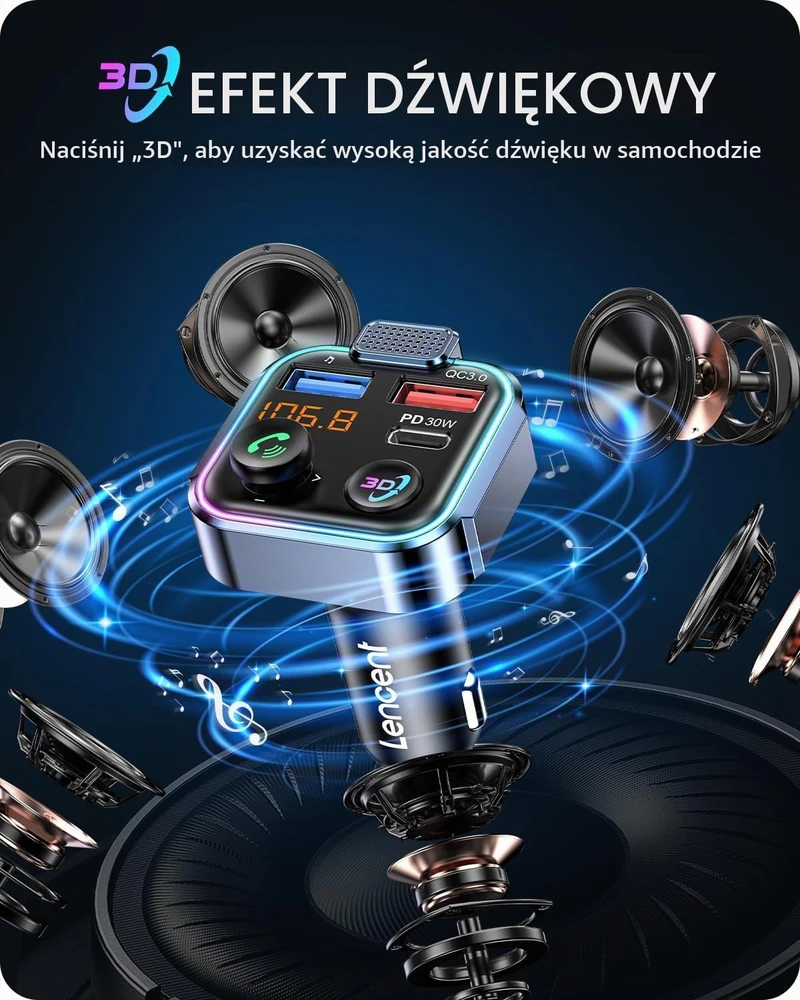 LENCENT automobilinis FM siųstuvas Bluetooth 5.3 su PD 30 W ir QC 18 W