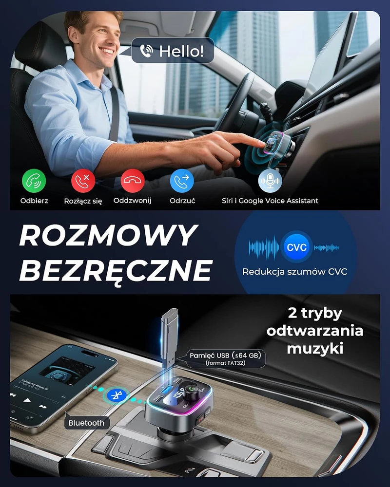 LENCENT Bluetooth FM siųstuvas automobiliui su 2 USB-C, 60 W, Bluetooth 5.4 B0FN7HHPHV