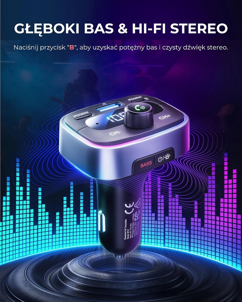 LENCENT Bluetooth FM siųstuvas automobiliui su 2 USB-C, 60 W, Bluetooth 5.4 B0FN7HHPHV