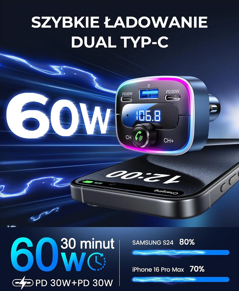 LENCENT Bluetooth FM siųstuvas automobiliui su 2 USB-C, 60 W, Bluetooth 5.4 B0FN7HHPHV