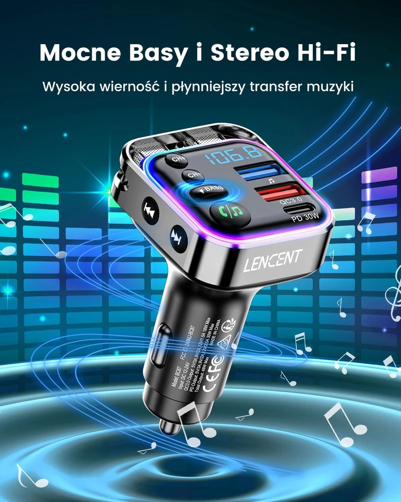 LENCENT FM siųstuvas automobiliui Bluetooth 5.3, 48 W, PD 30 W ir QC 3.0, BC87