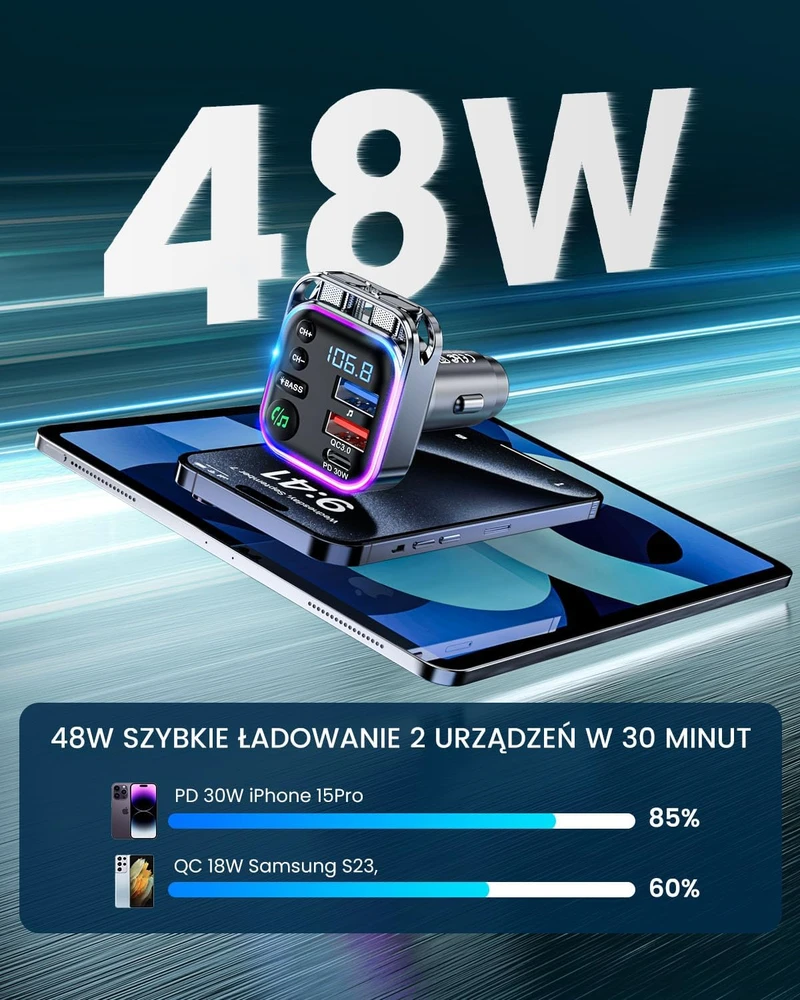 LENCENT FM siųstuvas automobiliui Bluetooth 5.3, 48 W, PD 30 W ir QC 3.0, BC87