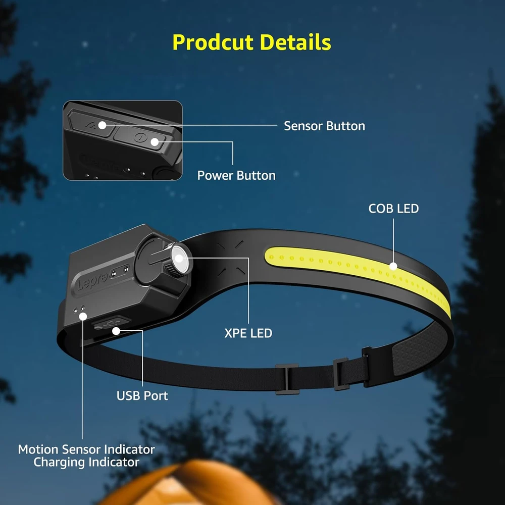 Lepro LED įkraunama galvos lempa, 350 lm, 230° kampas, 5 režimai, USB-C, IP44, PR320019-2, 2 vnt.