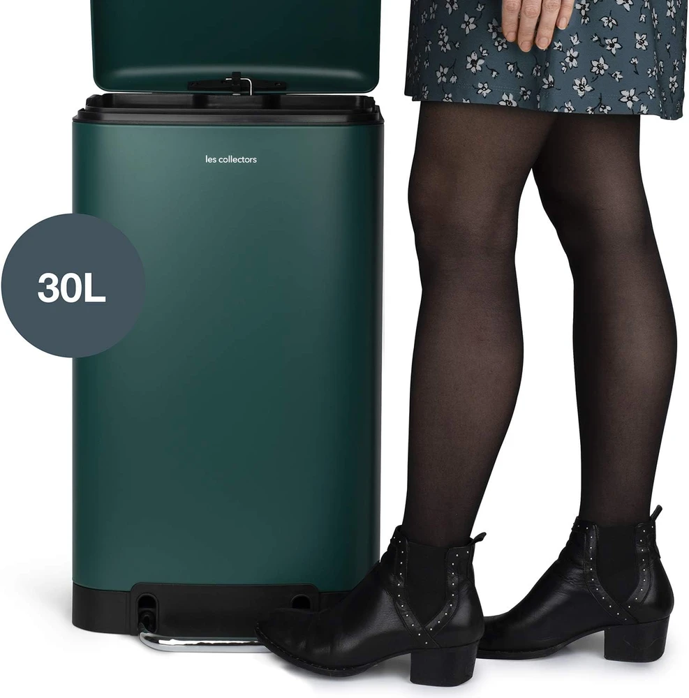 Les Collectors nerūdijančio plieno virtuvinė šiukšlių dėžė, 30 l, stačiakampė, pedalinė, žalia