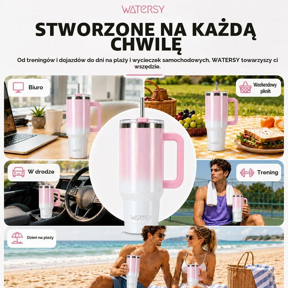 LeuKoles termopuodelis su rankena ir šiaudeliu, 1182 ml, Watersy Shiny Tumbler