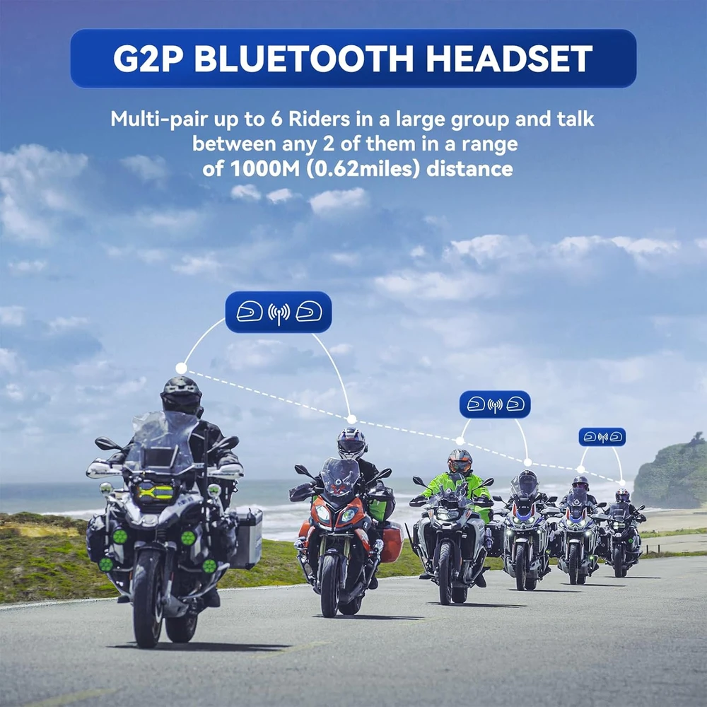LEXIN Bluetooth šalmo ausinės G2P, 6 asmenų komunikacijos sistema su FM radiju, aktyvia triukšmo slopinimo funkcija
