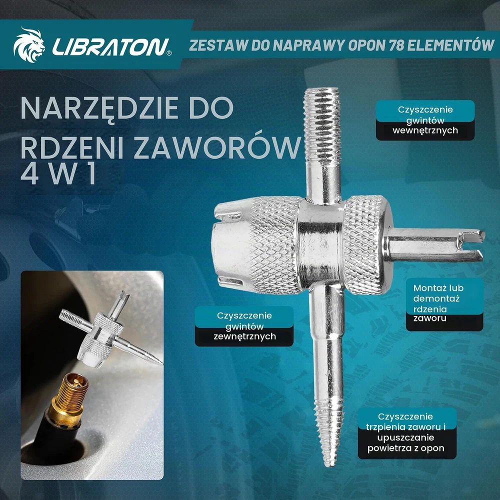LIBRATON padangų remonto rinkinys automobiliams, 78 dalių, su vožtuvų priedais 922101