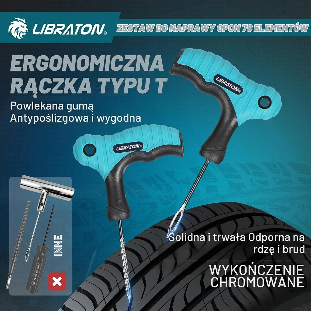 LIBRATON padangų remonto rinkinys automobiliams, 78 dalių, su vožtuvų priedais 922101