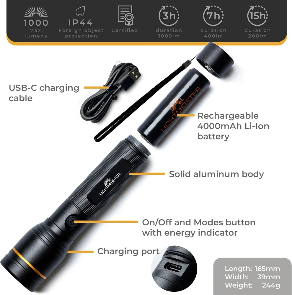 LICHTMEISTER įkraunamas LED žibintuvėlis 1000 lm, 4000 mAh, IP44, LM_T1000