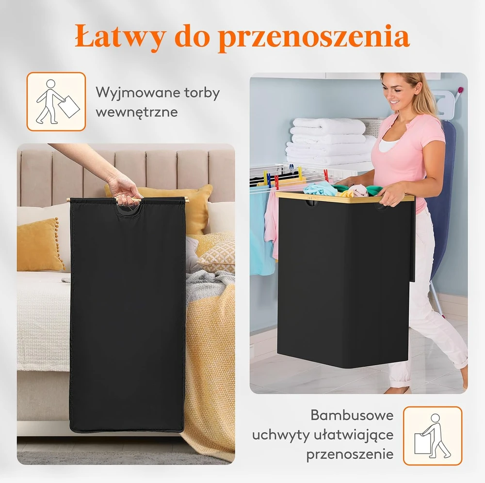 Lifewit dviejų skyrių skalbinių krepšys su dangčiu, 160 l, juodas, B0D1KK4RDK