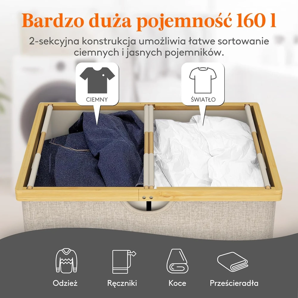 Lifewit dvigubas skalbinių krepšys su dangčiu, 160 l, sulankstomas, smėlio spalvos