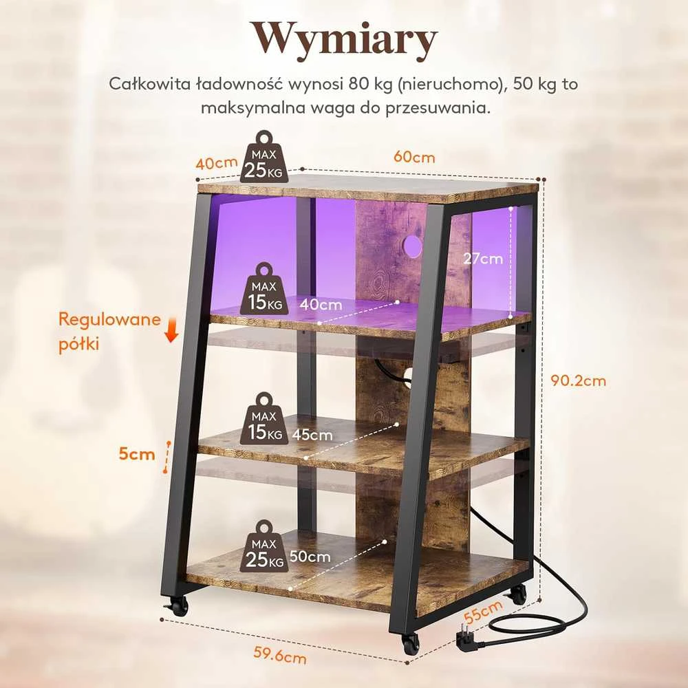 Lifewit multimedijos stovas su 4 lygiais, LED apšvietimu, ratukais, 60 × 55 × 90,2 cm, rudas