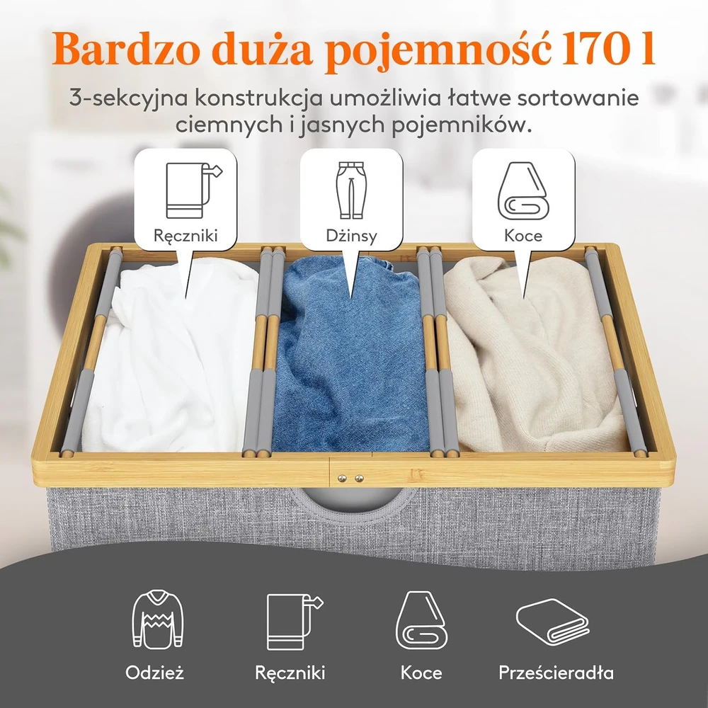 Lifewit skalbinių krepšys 170 l, 3 skyrių, su dangčiu ir bambuko rėmu, 23159
