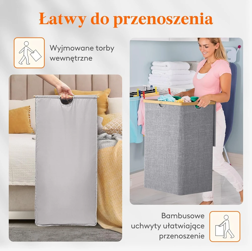 Lifewit skalbinių krepšys 170 l, 3 skyrių, su dangčiu ir bambuko rėmu, 23159