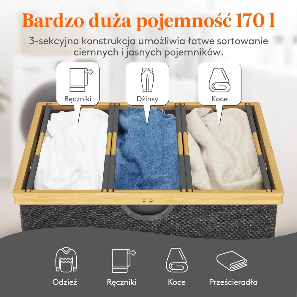 Lifewit skalbinių krepšys 170 l su dangčiu, 3 skyriais, 23159