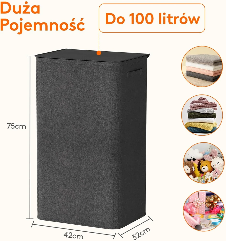 Lifewit skalbinių krepšys su dangčiu, 100 l, 42 × 32 × 75 cm, juodas