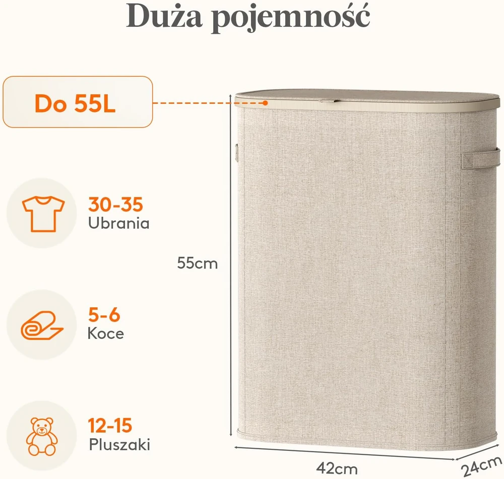 Lifewit skalbinių krepšys su dangčiu, 55 l, plastikinės rankenos, sulankstomas, smėlio spalvos