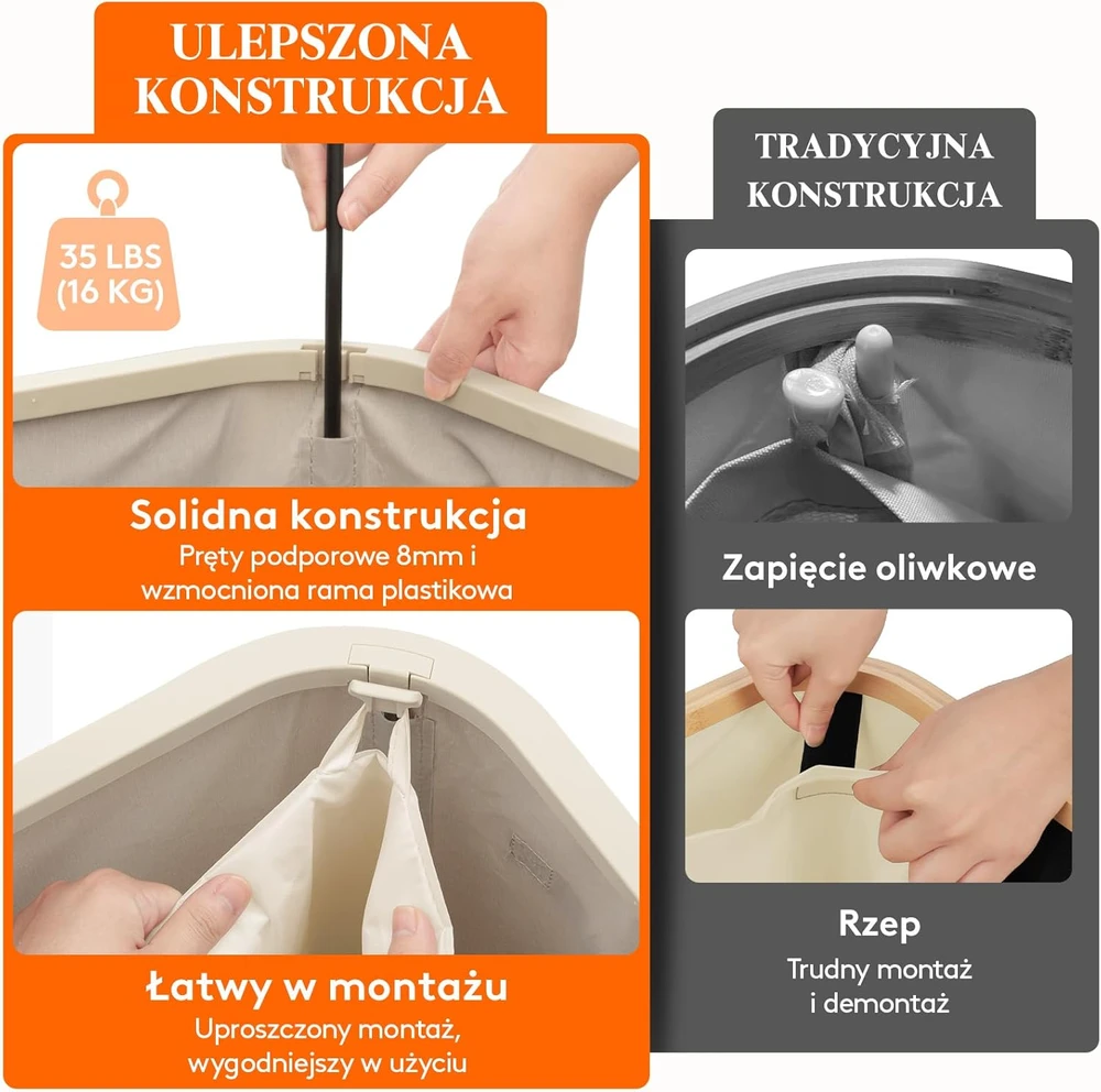 Lifewit skalbinių krepšys su dangčiu, 55 l, plastikinės rankenos, sulankstomas, smėlio spalvos