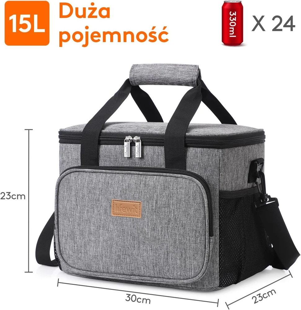 Lifewit termoizoliacinis pietų krepšys 15 l su petneša, sandarus, pilkas