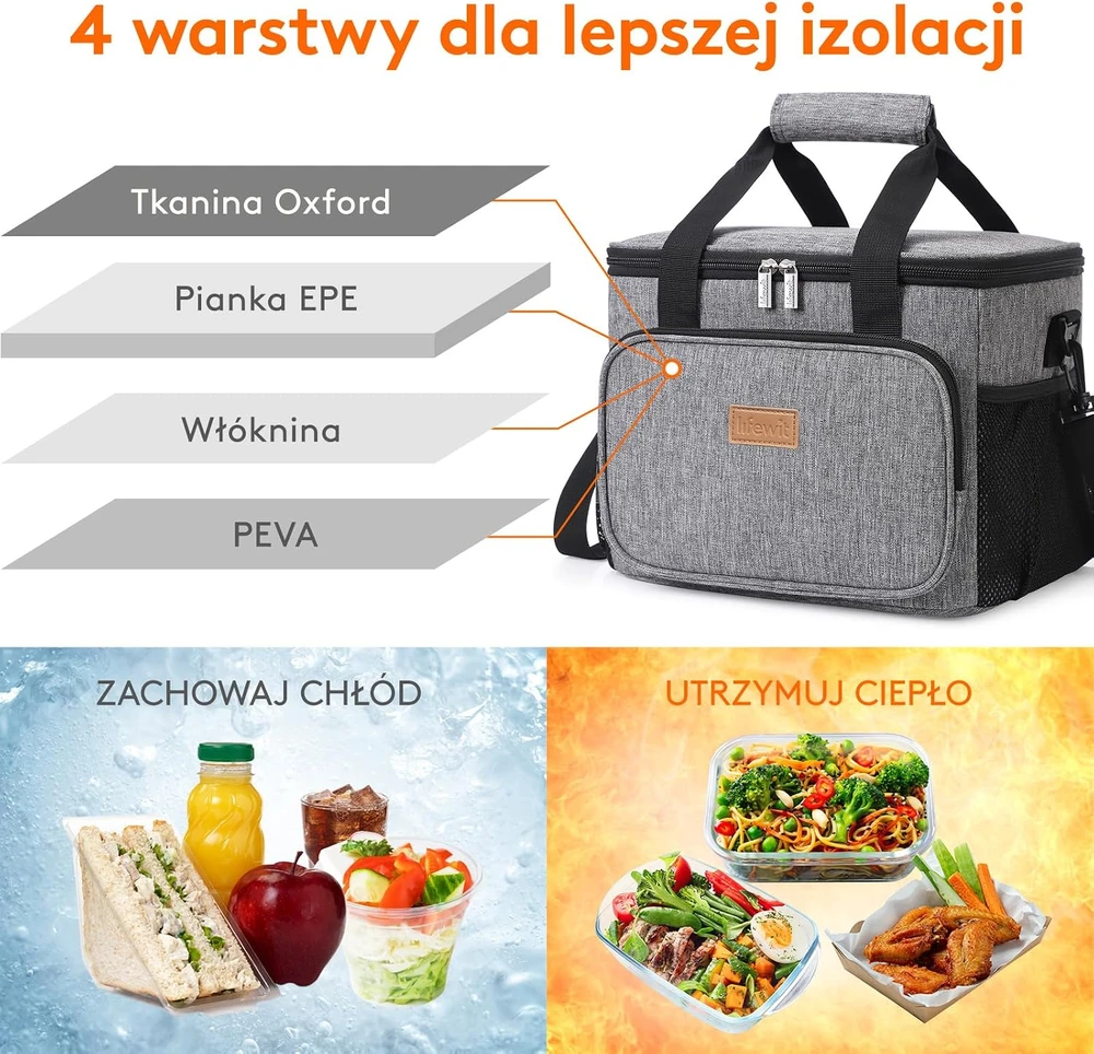 Lifewit termoizoliacinis pietų krepšys 15 l su petneša, sandarus, pilkas