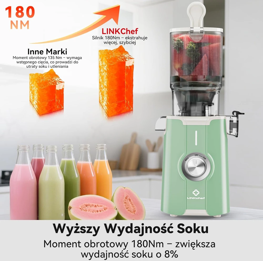 LINKChef lėtaeigė sulčiaspaudė, 200 W, 1,2 l talpa, 115 mm įkrovimo anga