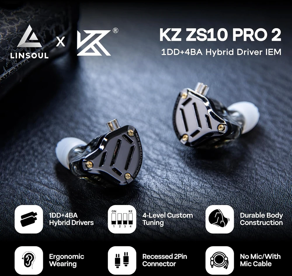 Linsoul į ausis įdedamos laidinės ausinės 1DD+4BA, 3,5 mm, KZ ZS10 PRO 2