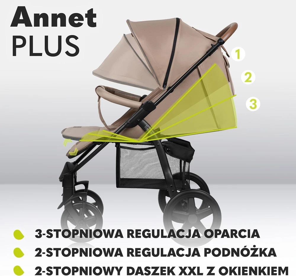 Lionelo Annet Plus sportinis vežimėlis iki 22 kg su EVA ratais, smėlio spalvos
