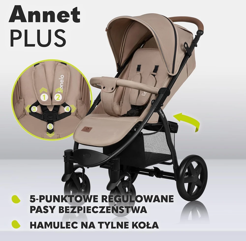 Lionelo Annet Plus sportinis vežimėlis iki 22 kg su EVA ratais, smėlio spalvos