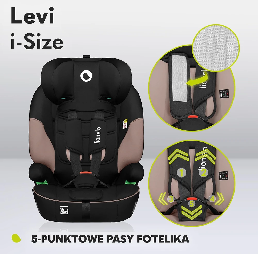 Lionelo automobilinė kėdutė Levi i-Size 76–150 cm, R129, smėlio spalvos LOLEVI ISIZE BEIGE LATTE