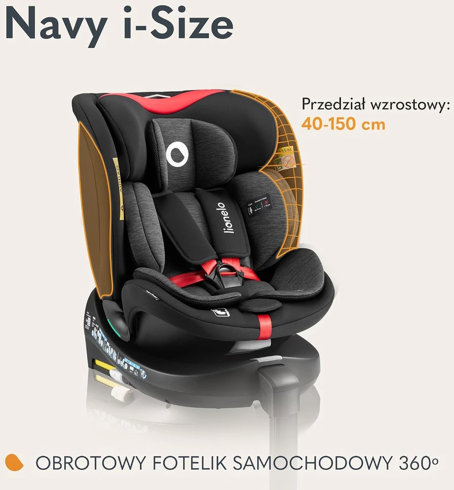 Lionelo automobilinė kėdutė Navy i-Size 40–150 cm, ISOFIX, 360° LO-NAVY I-SIZE Juodas Raudonas