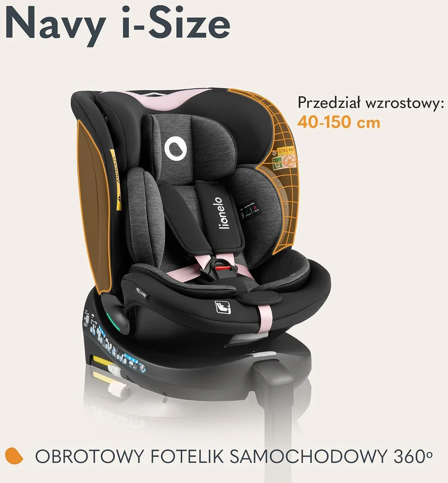 Lionelo automobilinė kėdutė Navy i-Size 40–150 cm su ISOFIX ir 360° sukimu LO-NAVY I-SIZE Juodas Rožinis