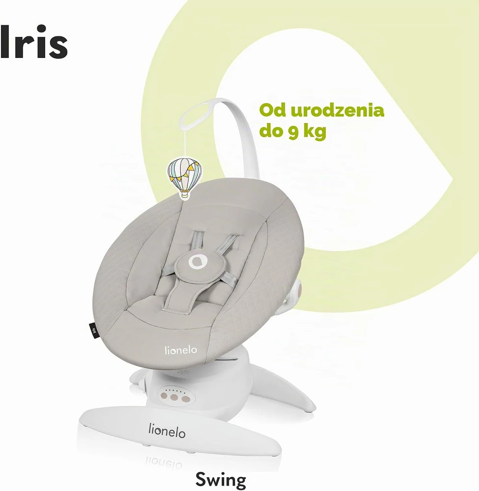 Lionelo elektrinės kūdikių sūpynės Iris 360° su 5 greičiais ir 12 melodijų LO-IRIS Pilkas CONCRETE