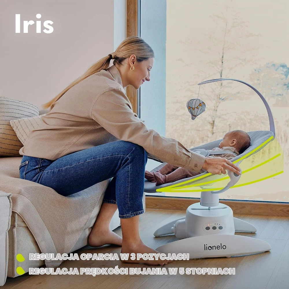 Lionelo elektrinės kūdikių sūpynės Iris 360° su 5 greičiais ir 12 melodijų LO-IRIS Pilkas CONCRETE