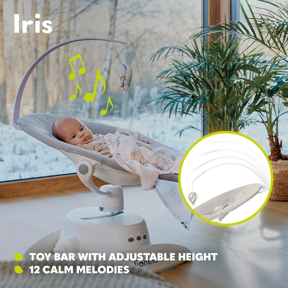 Lionelo elektrinės kūdikių sūpynės Iris 360° su 5 greičiais ir 12 melodijų LO-IRIS Pilkas CONCRETE