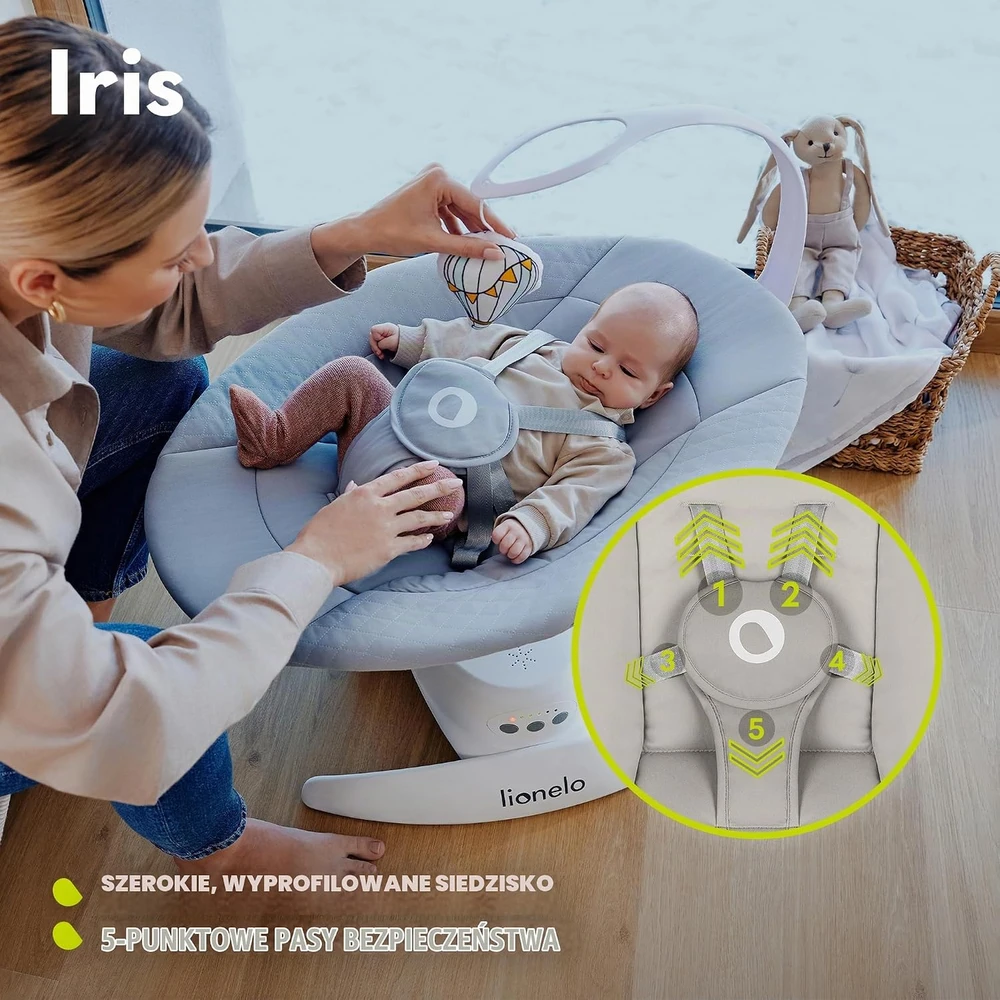 Lionelo elektrinės kūdikių sūpynės Iris 360° su 5 greičiais ir 12 melodijų LO-IRIS Pilkas CONCRETE