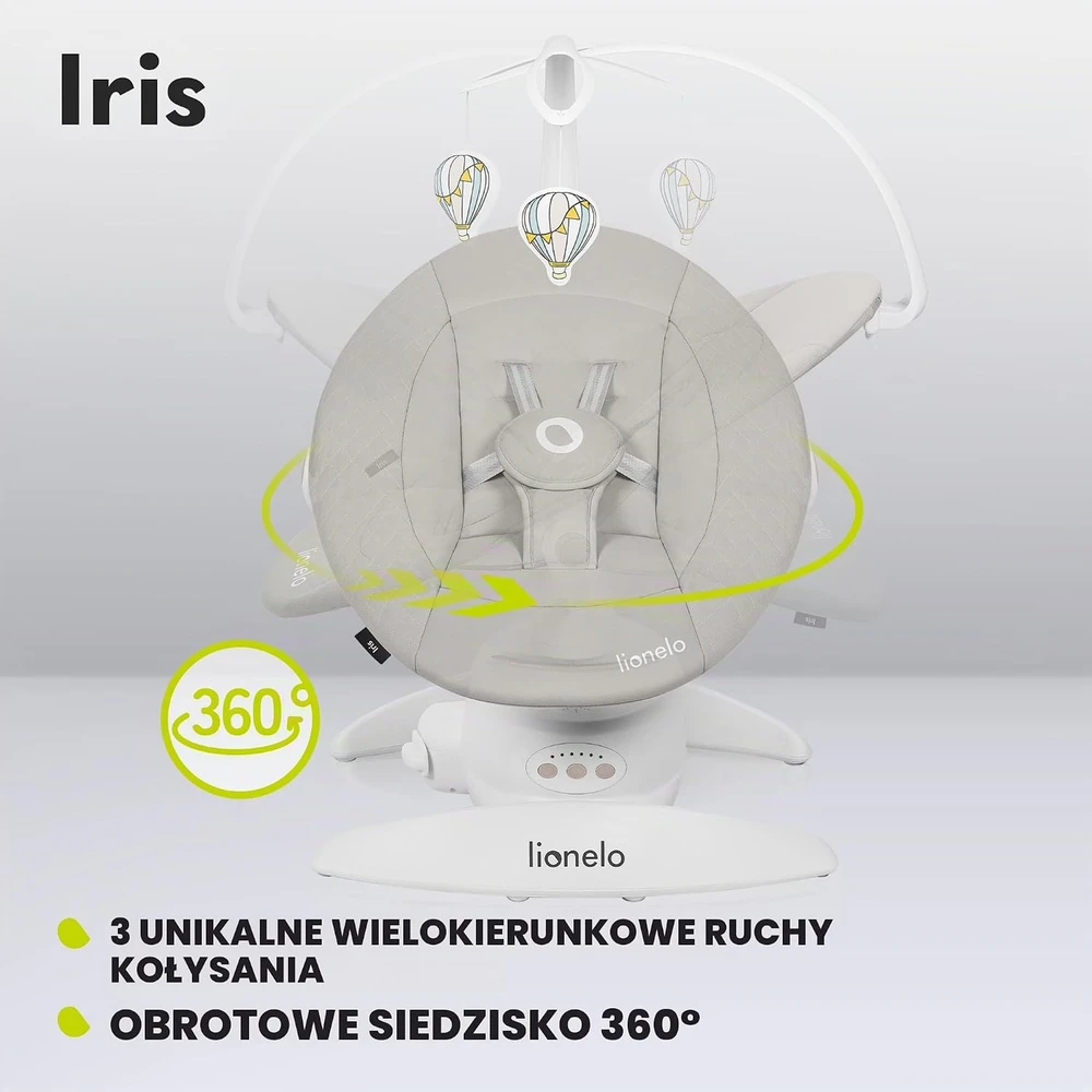 Lionelo elektrinės kūdikių sūpynės Iris 360° su 5 greičiais ir 12 melodijų LO-IRIS Pilkas CONCRETE