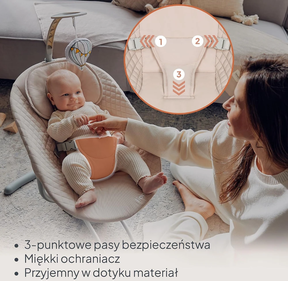 Lionelo elektrinės kūdikių sūpynės Rio iki 9kg, 3 supimo greičiai, LO-RIO BEIGE LATTE
