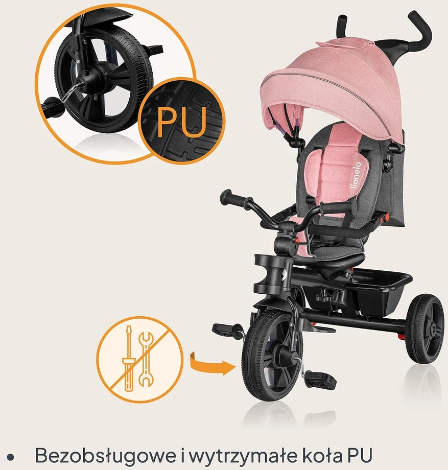 Lionelo Haari vaikiškas triratukas su stūmimo rankena ir apverčiama sėdyne iki 25 kg LO-HAARI BUBBLEGUM