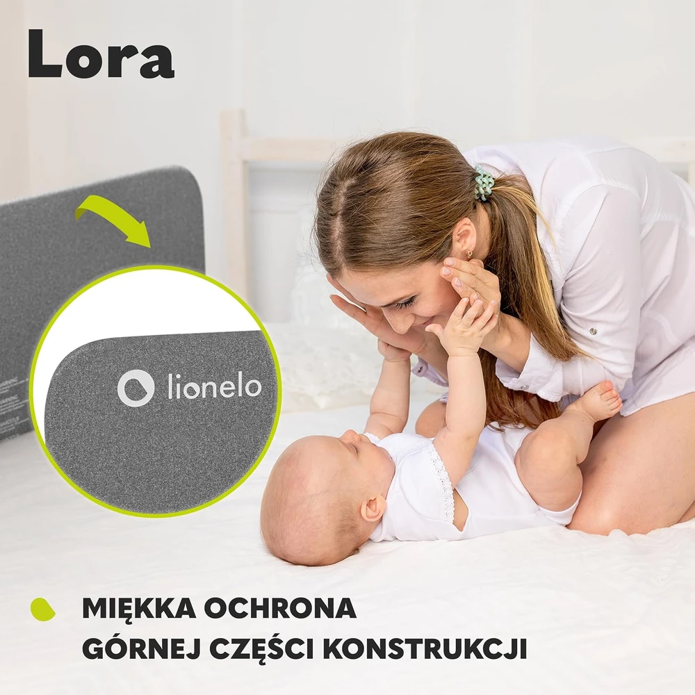 Lionelo lovos apsauginė tvorelė vaikams 45 × 105 cm, 180° reguliavimas, LO-LORA Pilkas STONE